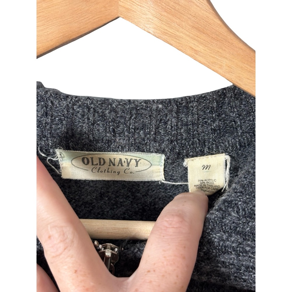 Old Navy Gray Wool Blend Full Zip Cardigan Sweater Size M Charcoal Knit Collar - Picture 4 of 6